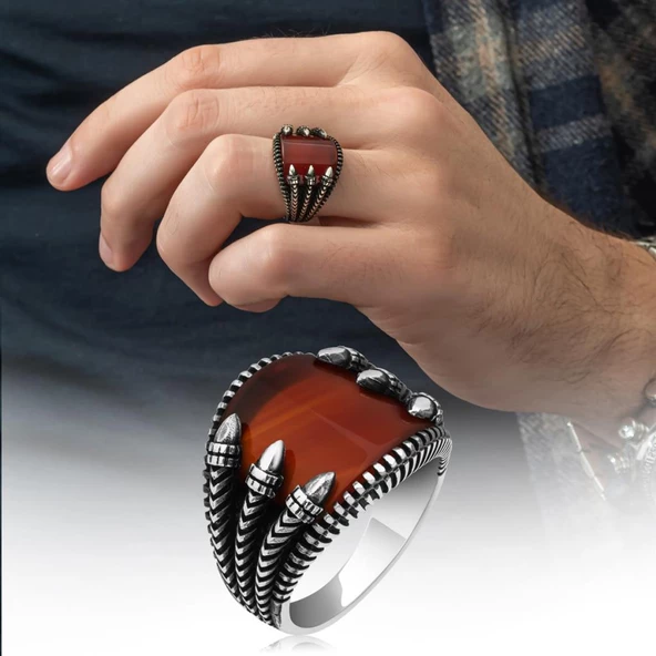 Pençeli Model Akik Taşlı 925 Gümüş Erkek Yüzük - 7