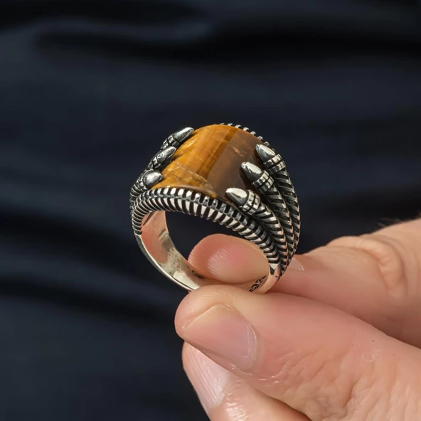 Pençeli Model Kaplan Gözü Taşlı 925 Gümüş Erkek Yüzük - 10