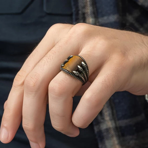 Pençeli Model Kaplan Gözü Taşlı 925 Gümüş Erkek Yüzük - 6