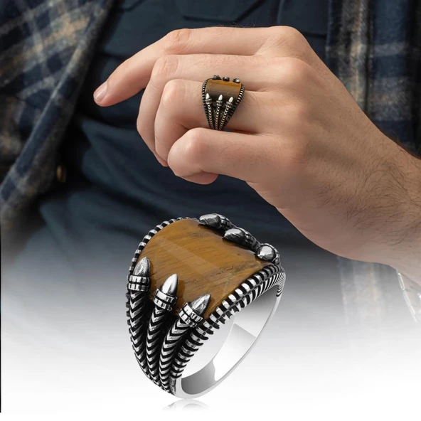 Pençeli Model Kaplan Gözü Taşlı 925 Gümüş Erkek Yüzük - 11