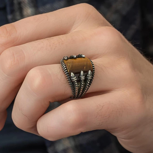 Pençeli Model Kaplan Gözü Taşlı 925 Gümüş Erkek Yüzük - 4