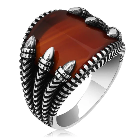 Pençeli Model Akik Taşlı 925 Gümüş Erkek Yüzük - 8