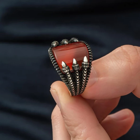 Pençeli Model Akik Taşlı 925 Gümüş Erkek Yüzük - 10