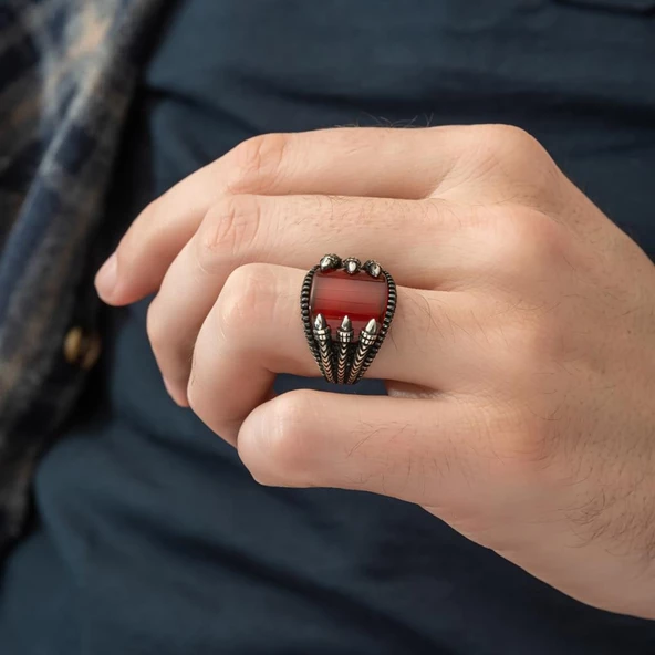 Pençeli Model Akik Taşlı 925 Gümüş Erkek Yüzük - 11