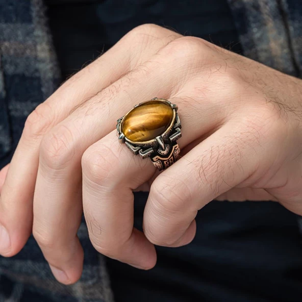 Kaplan Gözü Taşlı Oval 925 Gümüş Erkek Yüzük - 5