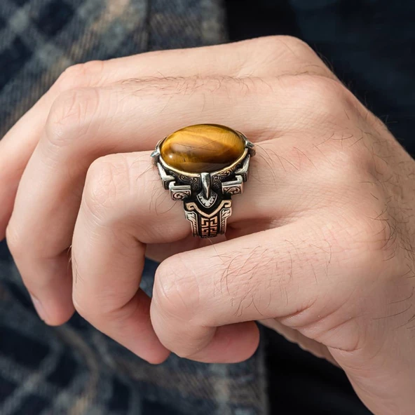 Kaplan Gözü Taşlı Oval 925 Gümüş Erkek Yüzük - 9