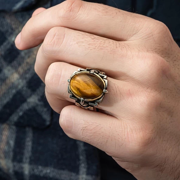 Kaplan Gözü Taşlı Oval 925 Gümüş Erkek Yüzük - 7