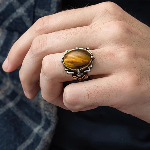 Kaplan Gözü Taşlı Oval 925 Gümüş Erkek Yüzük - 6