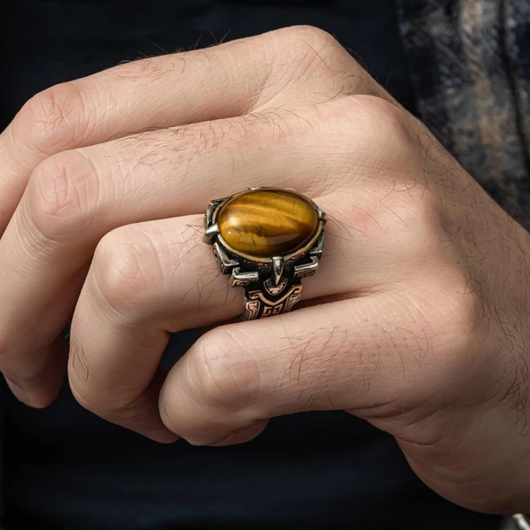 Kaplan Gözü Taşlı Oval 925 Gümüş Erkek Yüzük - 12