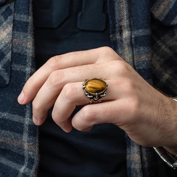 Kaplan Gözü Taşlı Oval 925 Gümüş Erkek Yüzük - 4