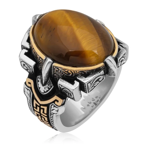 Kaplan Gözü Taşlı Oval 925 Gümüş Erkek Yüzük - 2