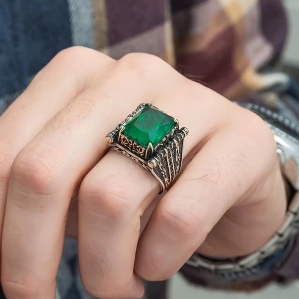 Kare Yeşil Paraiba Taşlı 925 Gümüş Erkek Yüzük - 12