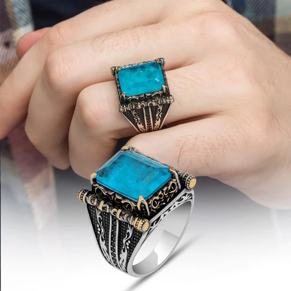 Kare Mavi Paraiba Taşlı 925 Gümüş Erkek Yüzük