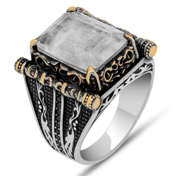 Kare Has Beyaz Taşlı 925 Gümüş Erkek Yüzük - 9