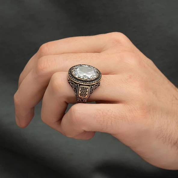 Beyaz Zirkon Taşlı 925 Gümüş Erkek Yüzük - 4