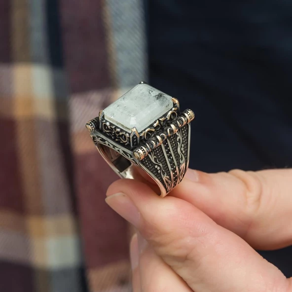 Kare Has Beyaz Taşlı 925 Gümüş Erkek Yüzük - 7
