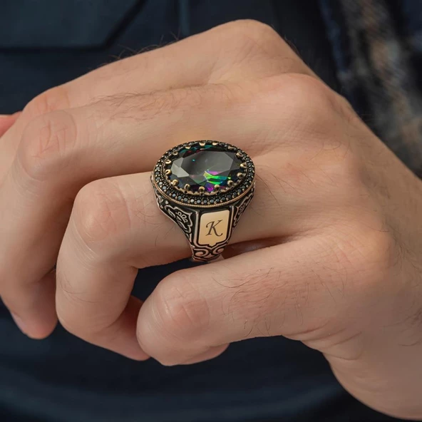 Oval Mistik Topaz Taşlı Harfli 925 Gümüş Erkek Yüzük - 2