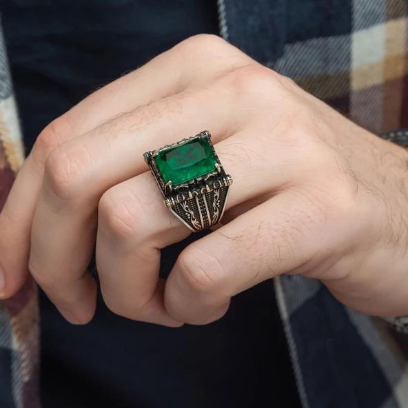 Kare Yeşil Paraiba Taşlı 925 Gümüş Erkek Yüzük - 2