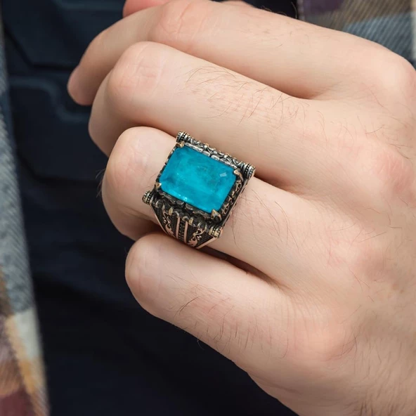 Kare Mavi Paraiba Taşlı 925 Gümüş Erkek Yüzük - 6