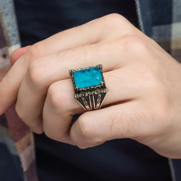 Kare Mavi Paraiba Taşlı 925 Gümüş Erkek Yüzük - 10