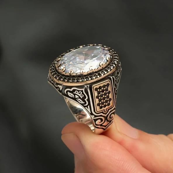 Beyaz Zirkon Taşlı 925 Gümüş Erkek Yüzük - 6