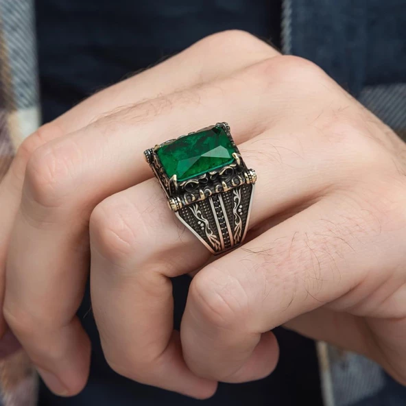 Kare Yeşil Paraiba Taşlı 925 Gümüş Erkek Yüzük - 5