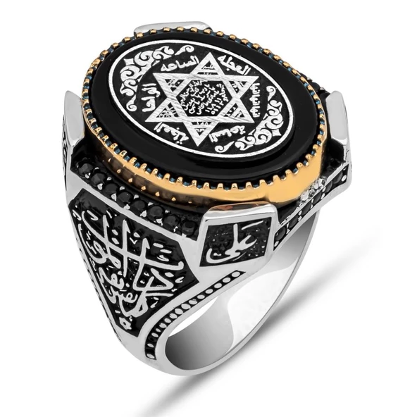 Mührü Süleyman İşleme Oniks Taşlı 925 Gümüş Erkek Yüzük - 11