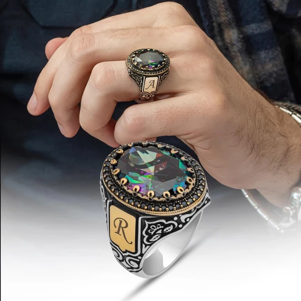 Oval Mistik Topaz Taşlı Harfli 925 Gümüş Erkek Yüzük - 9