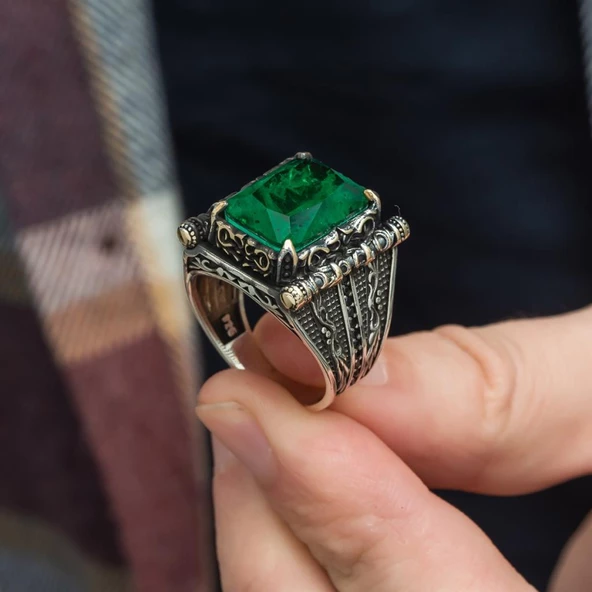 Kare Yeşil Paraiba Taşlı 925 Gümüş Erkek Yüzük - 6