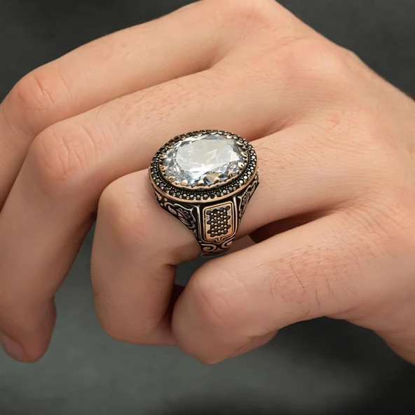 Beyaz Zirkon Taşlı 925 Gümüş Erkek Yüzük - 5