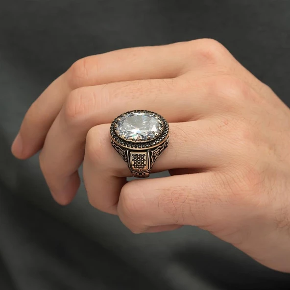 Beyaz Zirkon Taşlı 925 Gümüş Erkek Yüzük - 2