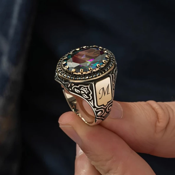 Oval Mistik Topaz Taşlı Harfli 925 Gümüş Erkek Yüzük - 8