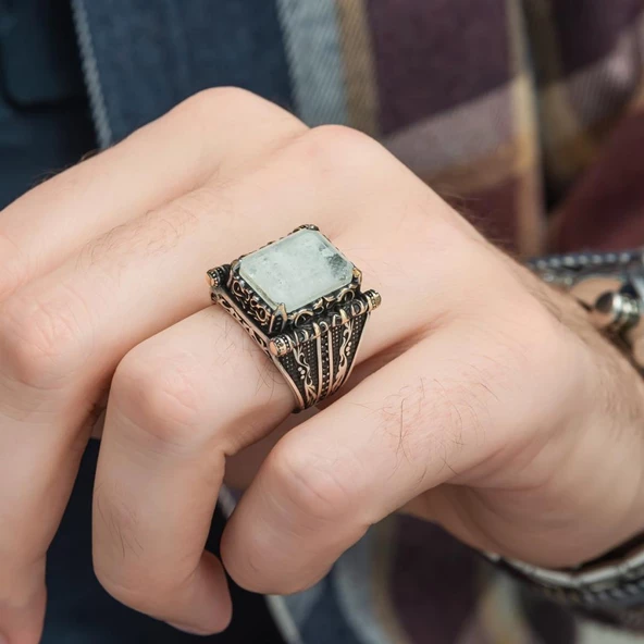 Kare Has Beyaz Taşlı 925 Gümüş Erkek Yüzük - 5