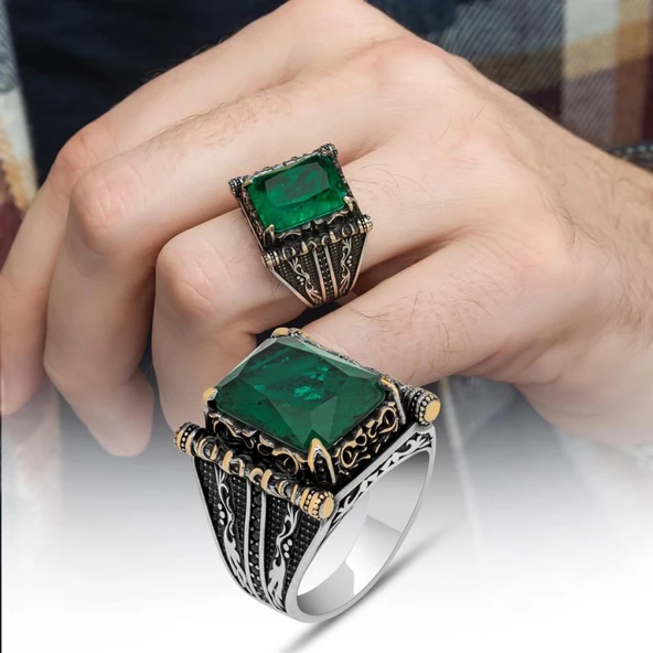 Kare Yeşil Paraiba Taşlı 925 Gümüş Erkek Yüzük