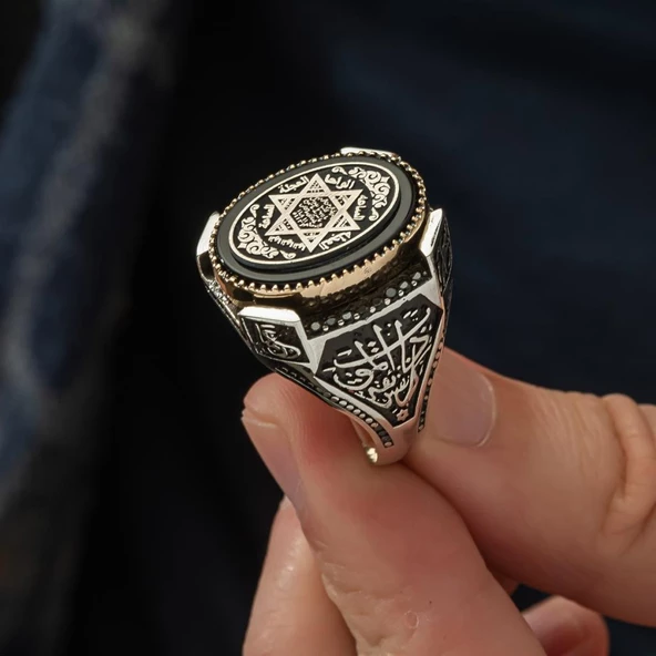 Mührü Süleyman İşleme Oniks Taşlı 925 Gümüş Erkek Yüzük - 7