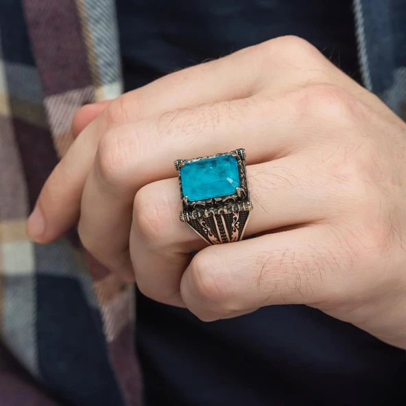 Kare Mavi Paraiba Taşlı 925 Gümüş Erkek Yüzük - 12