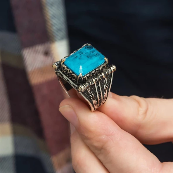Kare Mavi Paraiba Taşlı 925 Gümüş Erkek Yüzük - 7