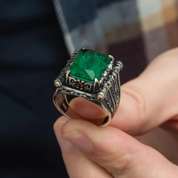 Kare Yeşil Paraiba Taşlı 925 Gümüş Erkek Yüzük - 7