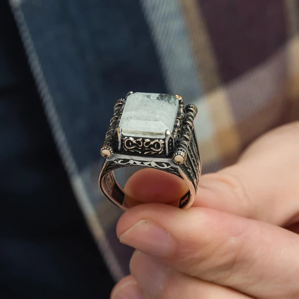 Kare Has Beyaz Taşlı 925 Gümüş Erkek Yüzük - 6