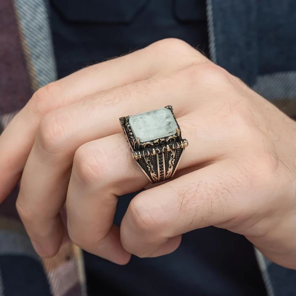 Kare Has Beyaz Taşlı 925 Gümüş Erkek Yüzük - 10