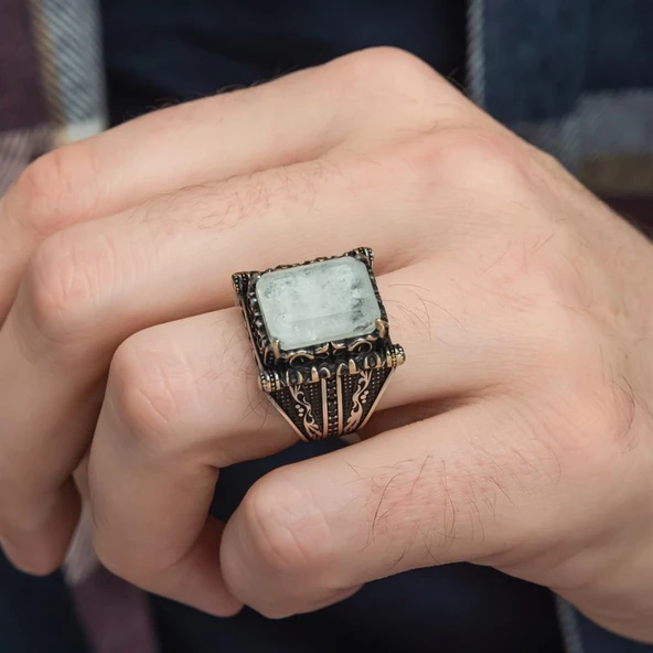 Kare Has Beyaz Taşlı 925 Gümüş Erkek Yüzük - 11