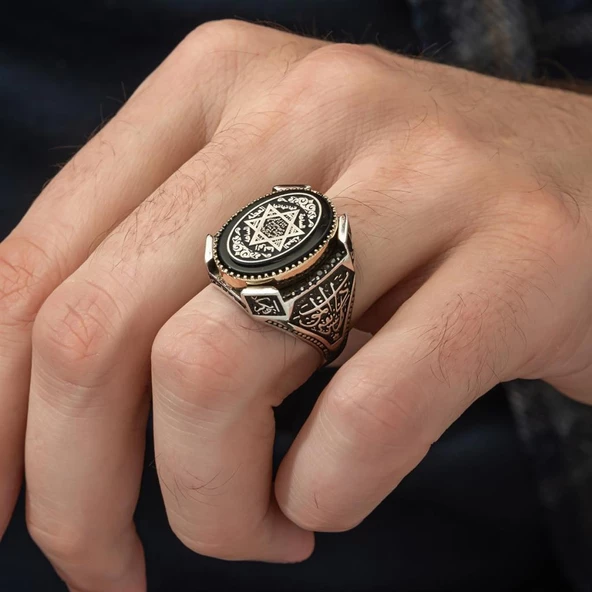 Mührü Süleyman İşleme Oniks Taşlı 925 Gümüş Erkek Yüzük - 8