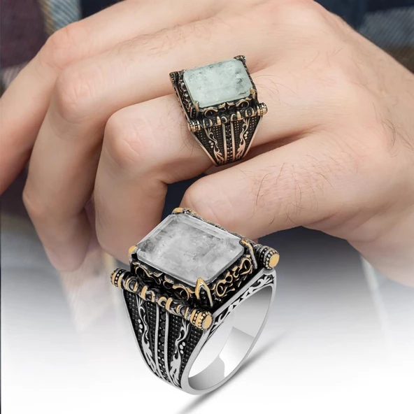 Kare Has Beyaz Taşlı 925 Gümüş Erkek Yüzük