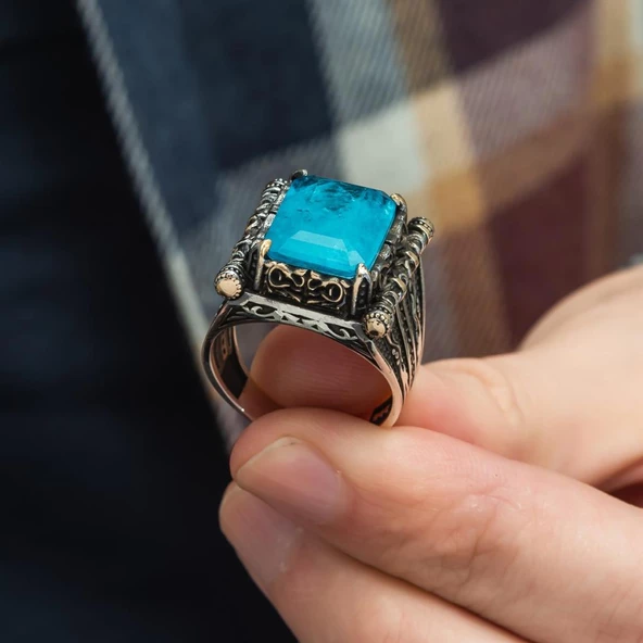 Kare Mavi Paraiba Taşlı 925 Gümüş Erkek Yüzük - 8