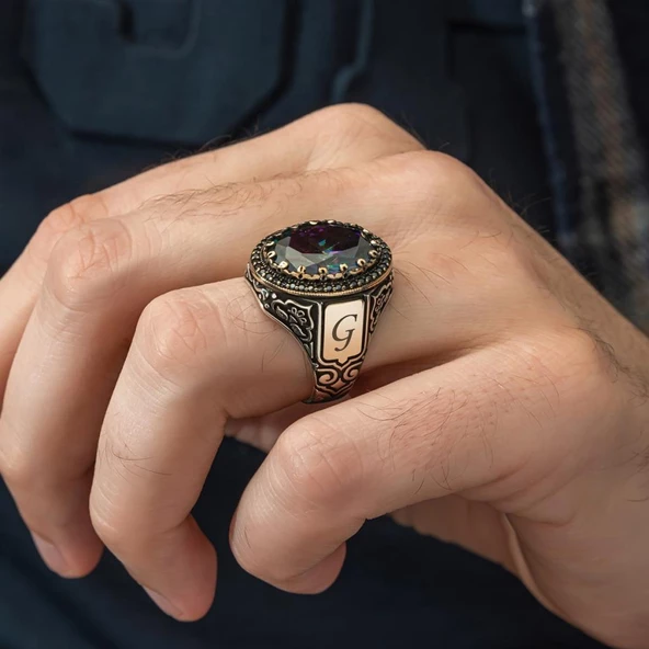 Oval Mistik Topaz Taşlı Harfli 925 Gümüş Erkek Yüzük - 5