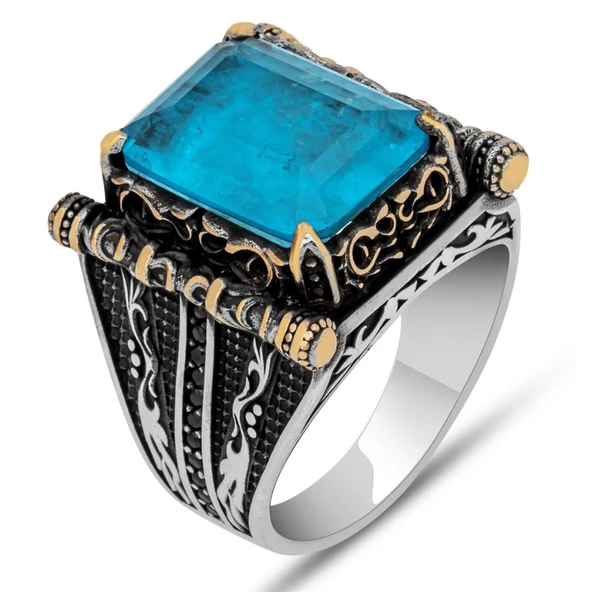 Kare Mavi Paraiba Taşlı 925 Gümüş Erkek Yüzük - 3