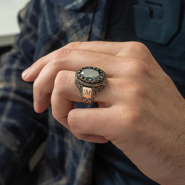 Oval Mistik Topaz Taşlı Harfli 925 Gümüş Erkek Yüzük - 6