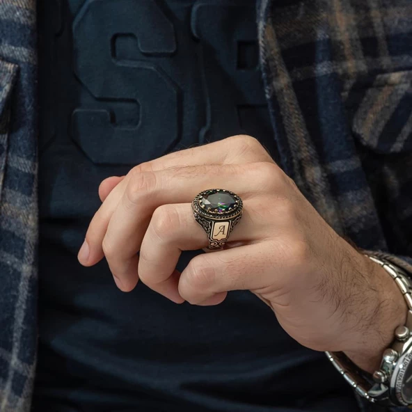 Oval Mistik Topaz Taşlı Harfli 925 Gümüş Erkek Yüzük - 12