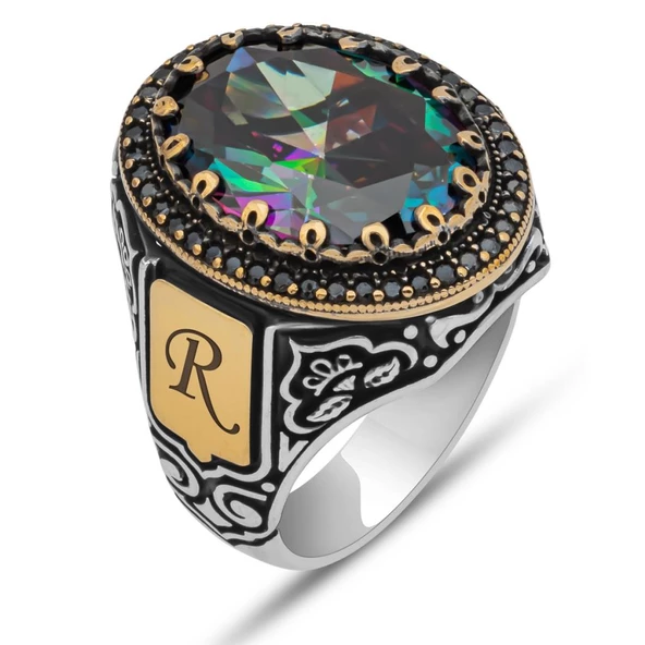 Oval Mistik Topaz Taşlı Harfli 925 Gümüş Erkek Yüzük - 3