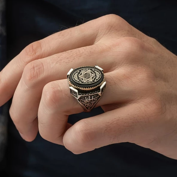 Mührü Süleyman İşleme Oniks Taşlı 925 Gümüş Erkek Yüzük - 12